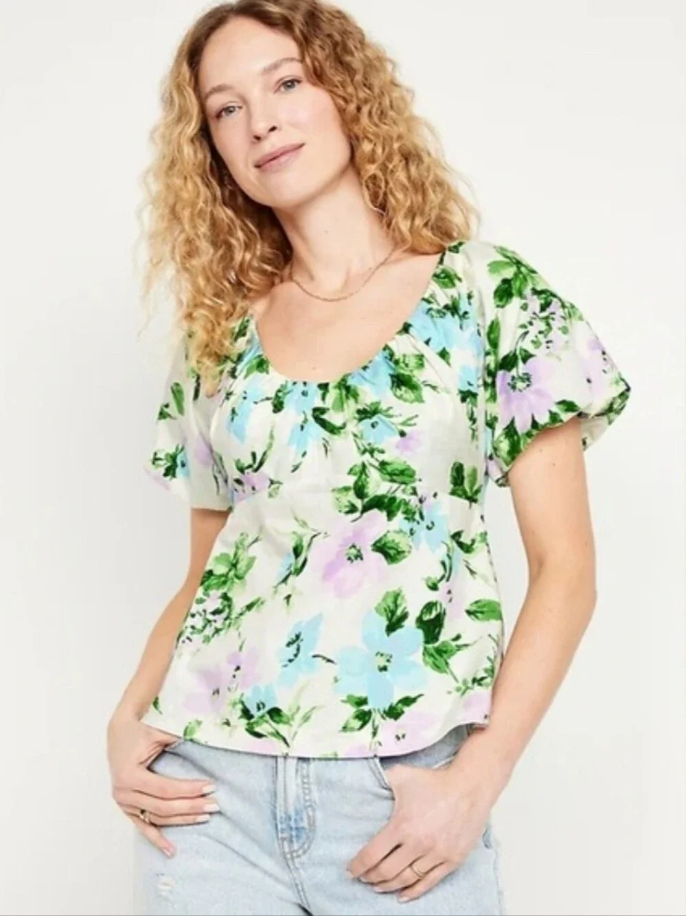 Old Navy Floral Puff Sleeve Baby Doll Blouse Top 100% Cotton Size Small